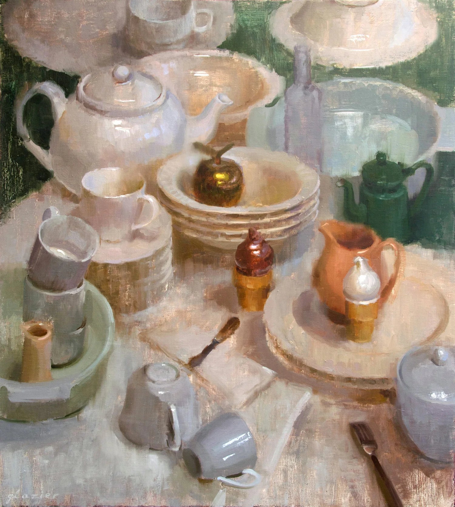 An impressionistic still life painting of ceramic tableware, including teapots, cups, plates, bowls, and small vessels, arranged on a tabletop with soft pastel tones.